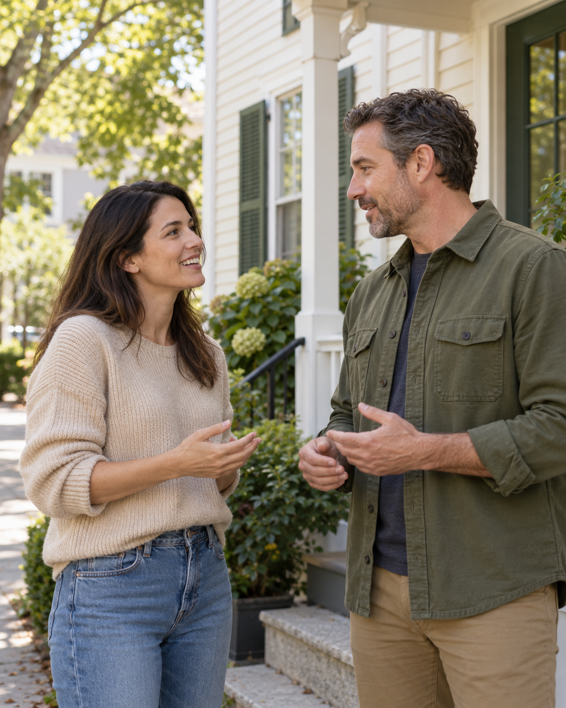 Illustrative scene of two adults talking outside a residential home