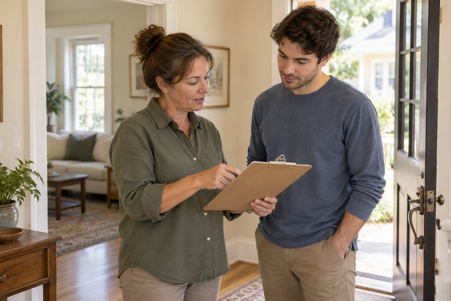 Illustrative scene of two adults reviewing property-related notes together